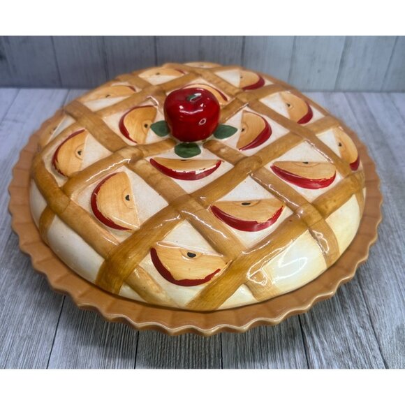 Vintage Apple Pie Plate Covered Keeper Dish Ceramic with Lid 10.5" DIA Country - Picture 1 of 9